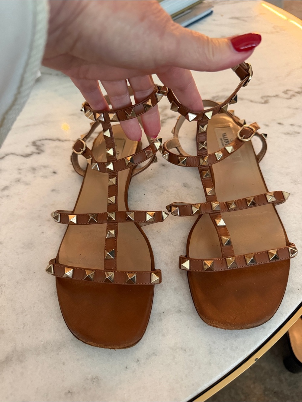 Valentino Garavani Brown Pyramid-Stud T-Strap Sandals